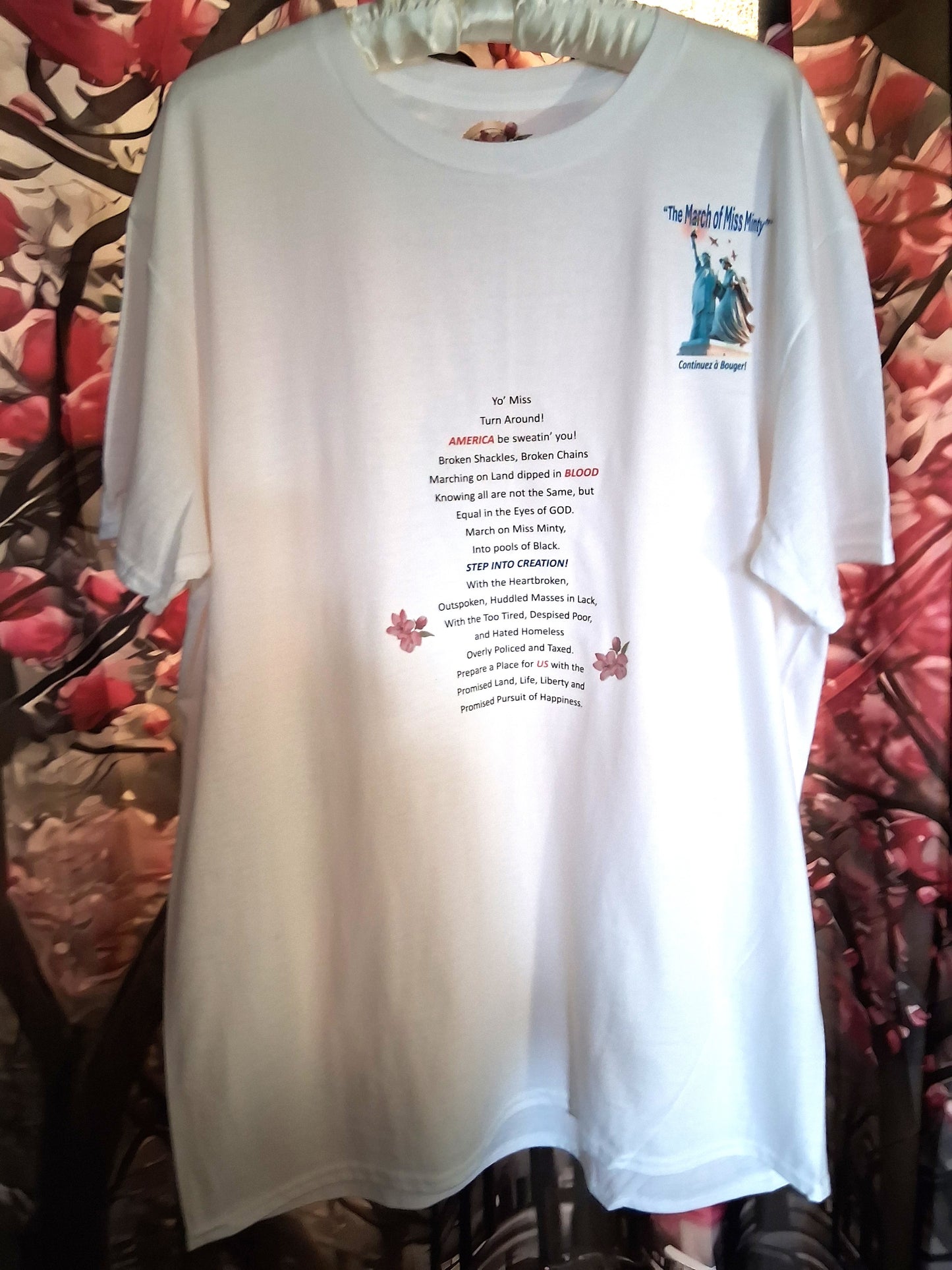 'The March of Miss Minty' Crew 100% Cotton Short Sleeve T-Shirt with Poem and Cherry Blossoms