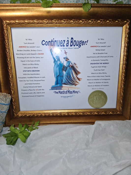 'Continuez à Bouger!' (Keep Moving!) Heirloom Glass Frame, Glossy Gold Seal Embossed Print with Signature