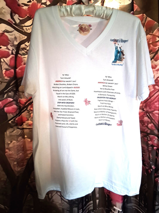 'Continuez à Bouger!' (Keep Moving!) V-Neck 100% Cotton Short Sleeve T-Shirt with Poem and Cherry Blossoms